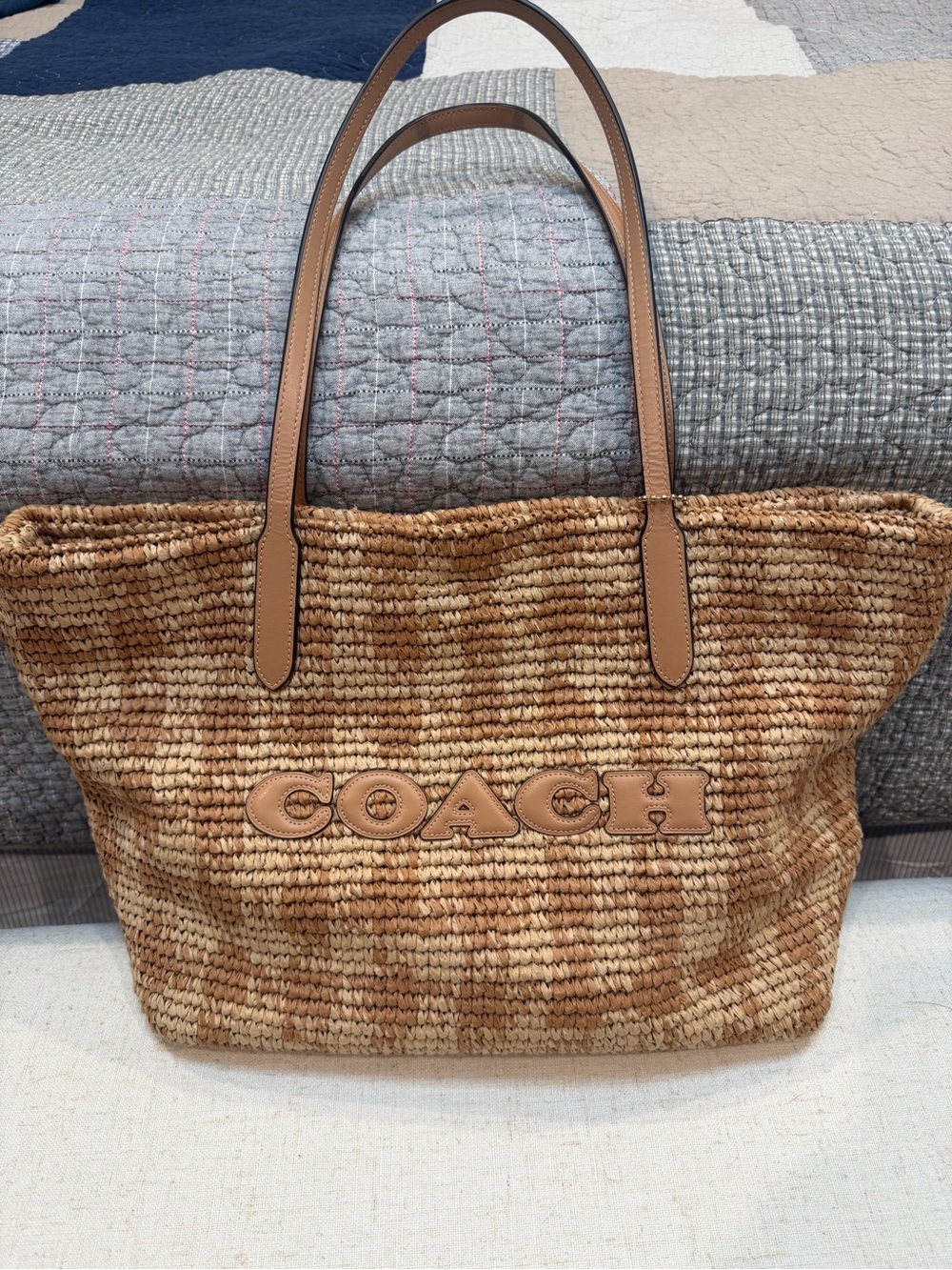 Coach Straw Woven Tote Brown & Tan w/ Leather Double Handles Snap, Lined, Charm